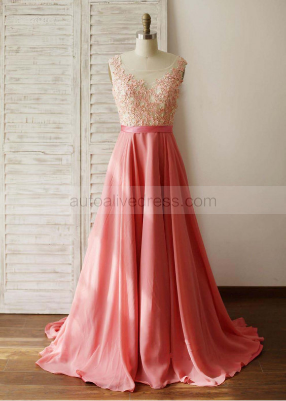 Coral Lace Chiffon Pearls Embellished Charming Prom Dress